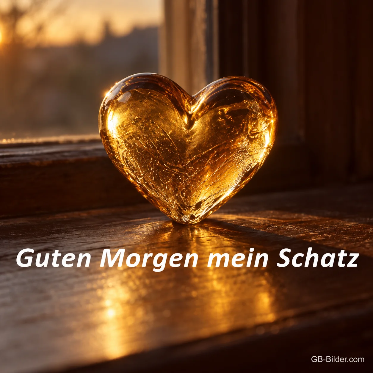 Goldenes Glasherz auf der Fensterbank im Morgenlicht, Text: Guten Morgen mein Schatz Goldenes Glasherz auf der Fensterbank im Morgenlicht, Text: Guten Morgen mein Schatz