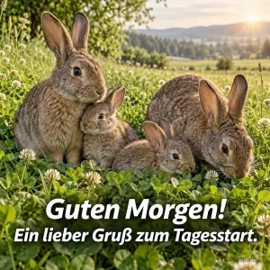 Hasenfamilie im Klee, Text: Guten Morgen