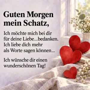 Rote Herzen auf einer Decke am Fenster, Text: Guten Morgen mein Schatz, Ich möchte mich bei dir für deine Liebe…bedanken. Ich liebe dich mehr als Worte sagen können… Ich wünsche dir einen wunderschönen Tag!