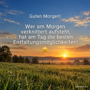 Sonnenaufgang über einer taufrischen Wiese, Text: Guten Morgen! Wer am Morgen verknittert aufsteht, hat am Tag die besten Entfaltungsmöglichkeiten!