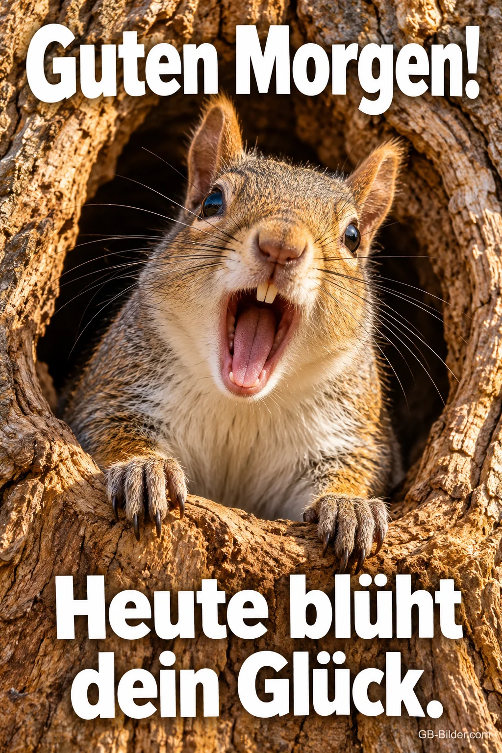 Eichhörnchen ruft mit offenem Mund aus einer Baumhöhle, Text: Guten Morgen! Heute blüht dein Glück. Eichhörnchen ruft mit offenem Mund aus einer Baumhöhle, Text: Guten Morgen! Heute blüht dein Glück.