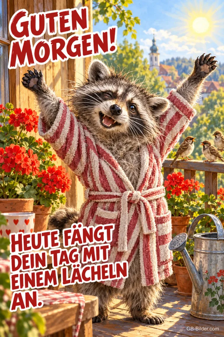 Waschbär im gestreiften Bademantel streckt sich auf einem sonnigen Balkon mit Geranien, Text: GUTEN MORGEN! HEUTE FÄNGT DEIN TAG MIT EINEM LÄCHELN AN.