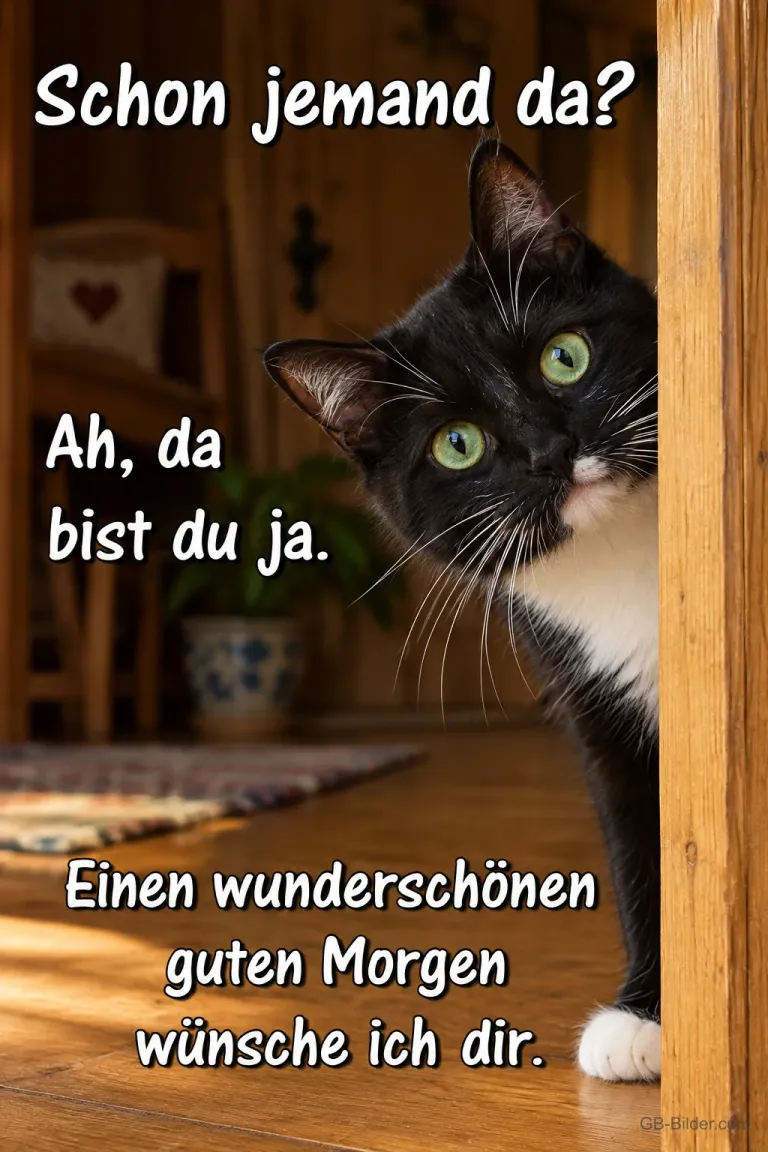 Schwarz-weiße Katze schaut hinter einer Tür hervor, Text: Schon jemand da? Ah, da bist du ja. Einen wunderschönen guten Morgen wünsche ich dir.