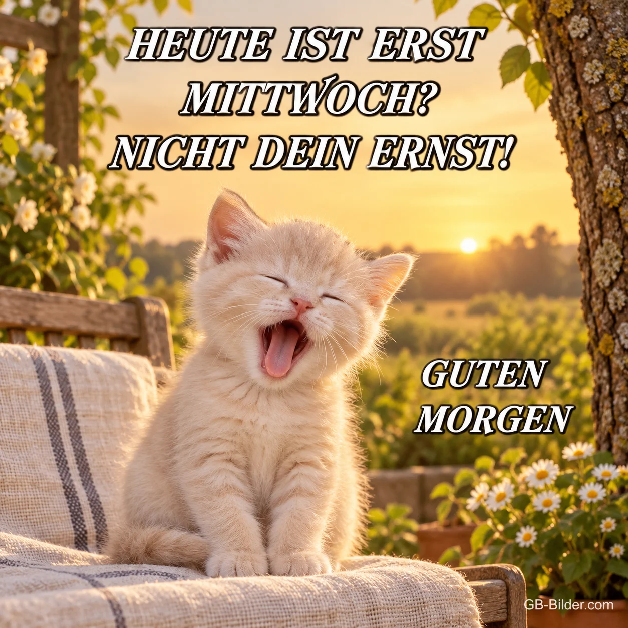 Kätzchen gähnt auf einer Gartenbank bei Sonnenaufgang, Text: HEUTE IST ERST MITTWOCH? NICHT DEIN ERNST! GUTEN MORGEN