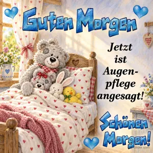 Zwei Teddybären mit Stofftieren im Bett, Text: Guten Morgen – Jetzt ist Augenpflege angesagt! Schönen Morgen!
