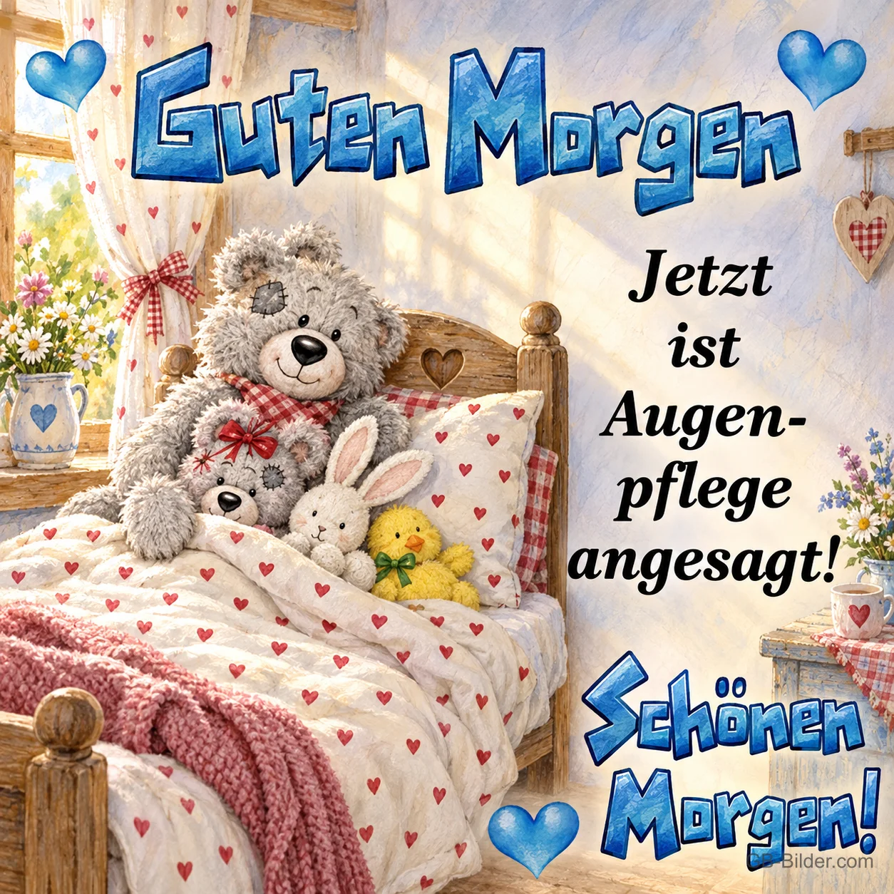 Zwei Teddybären mit Stofftieren im Bett, Text: Guten Morgen – Jetzt ist Augenpflege angesagt! Schönen Morgen!