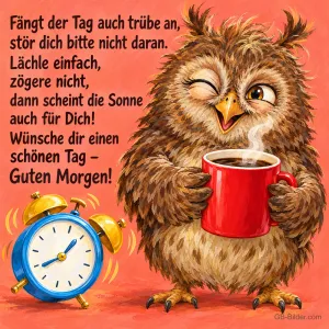 Zwinkernde Eule mit roter Kaffeetasse neben klingelndem Wecker, Text: Fängt der Tag auch trübe an, stör dich bitte nicht daran. Lächle einfach, zögere nicht, dann scheint die Sonne auch für Dich! Wünsche dir einen schönen Tag – Guten Morgen!