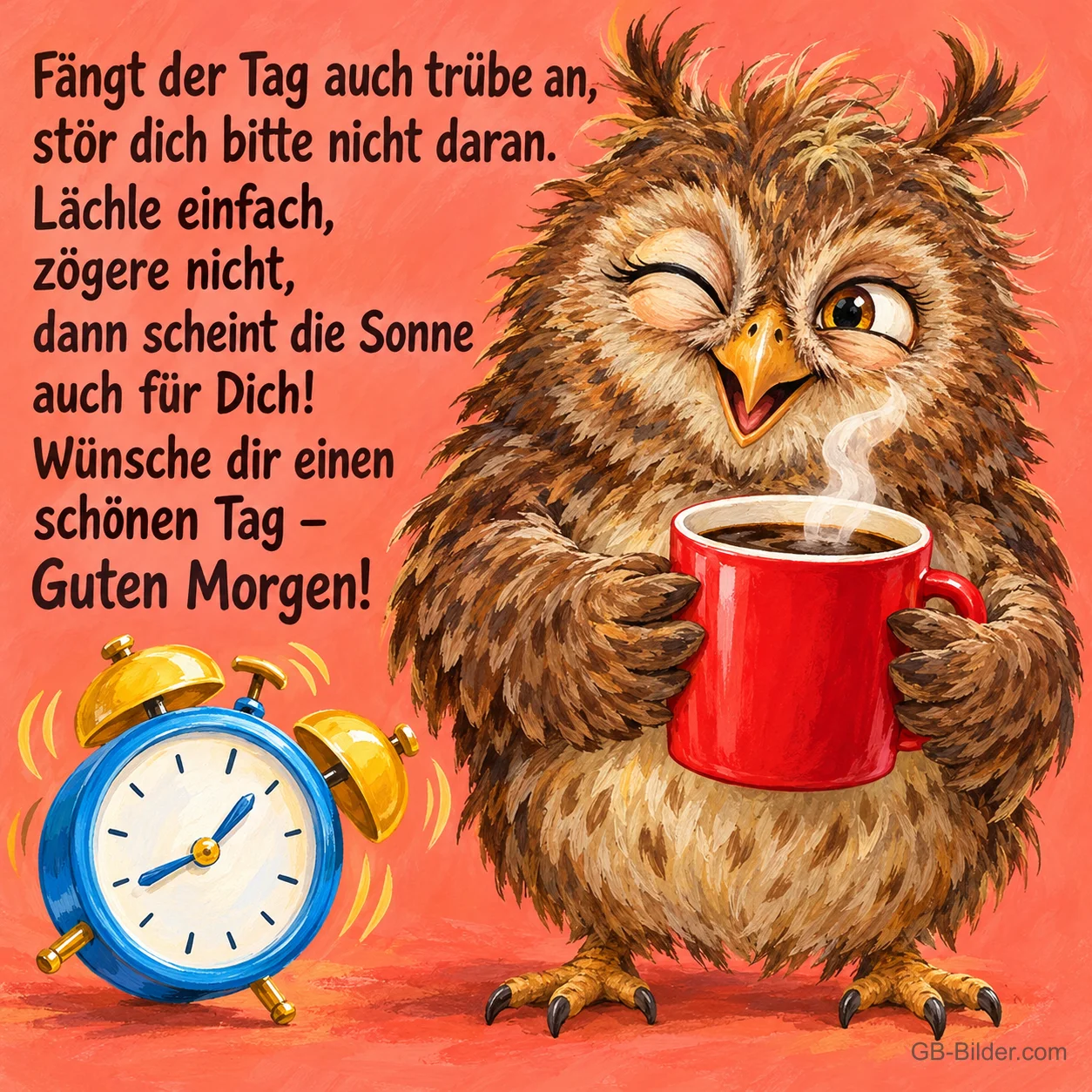 Zwinkernde Eule mit roter Kaffeetasse neben klingelndem Wecker, Text: Fängt der Tag auch trübe an, stör dich bitte nicht daran. Lächle einfach, zögere nicht, dann scheint die Sonne auch für Dich! Wünsche dir einen schönen Tag – Guten Morgen! Zwinkernde Eule mit roter Kaffeetasse neben klingelndem Wecker, Text: Fängt der Tag auch trübe an, stör dich bitte nicht daran. Lächle einfach, zögere nicht, dann scheint die Sonne auch für Dich! Wünsche dir einen schönen Tag – Guten Morgen!