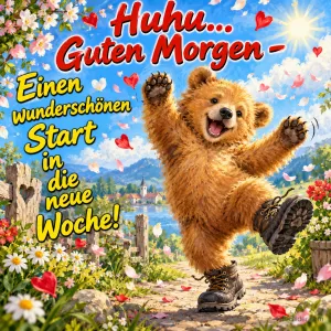 Bär in Wanderschuhen tanzt fröhlich auf einem Blumenweg, Text: Huhu… Guten Morgen – Einen wunderschönen Start in die neue Woche!