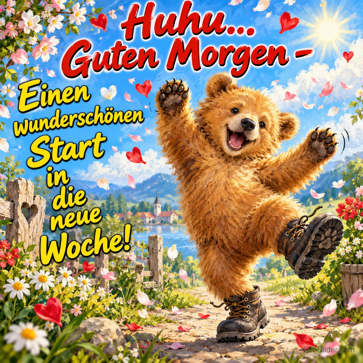 Bär in Wanderschuhen tanzt fröhlich auf einem Blumenweg, Text: Huhu… Guten Morgen – Einen wunderschönen Start in die neue Woche! Bär in Wanderschuhen tanzt fröhlich auf einem Blumenweg, Text: Huhu… Guten Morgen – Einen wunderschönen Start in die neue Woche!