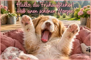 Welpe gähnt mit hochgestreckten Pfoten in einem Hundekorb, Text: Hallo, du Frühaufsteher! Hab einen schönen Morgen!