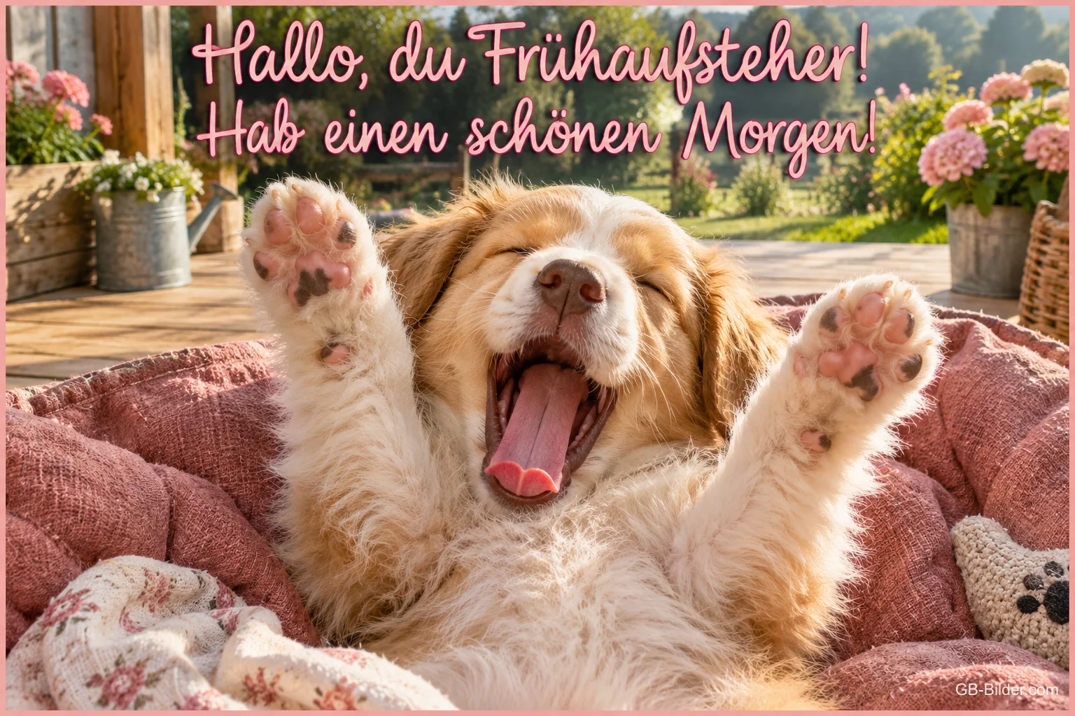 Welpe gähnt mit hochgestreckten Pfoten in einem Hundekorb, Text: Hallo, du Frühaufsteher! Hab einen schönen Morgen!