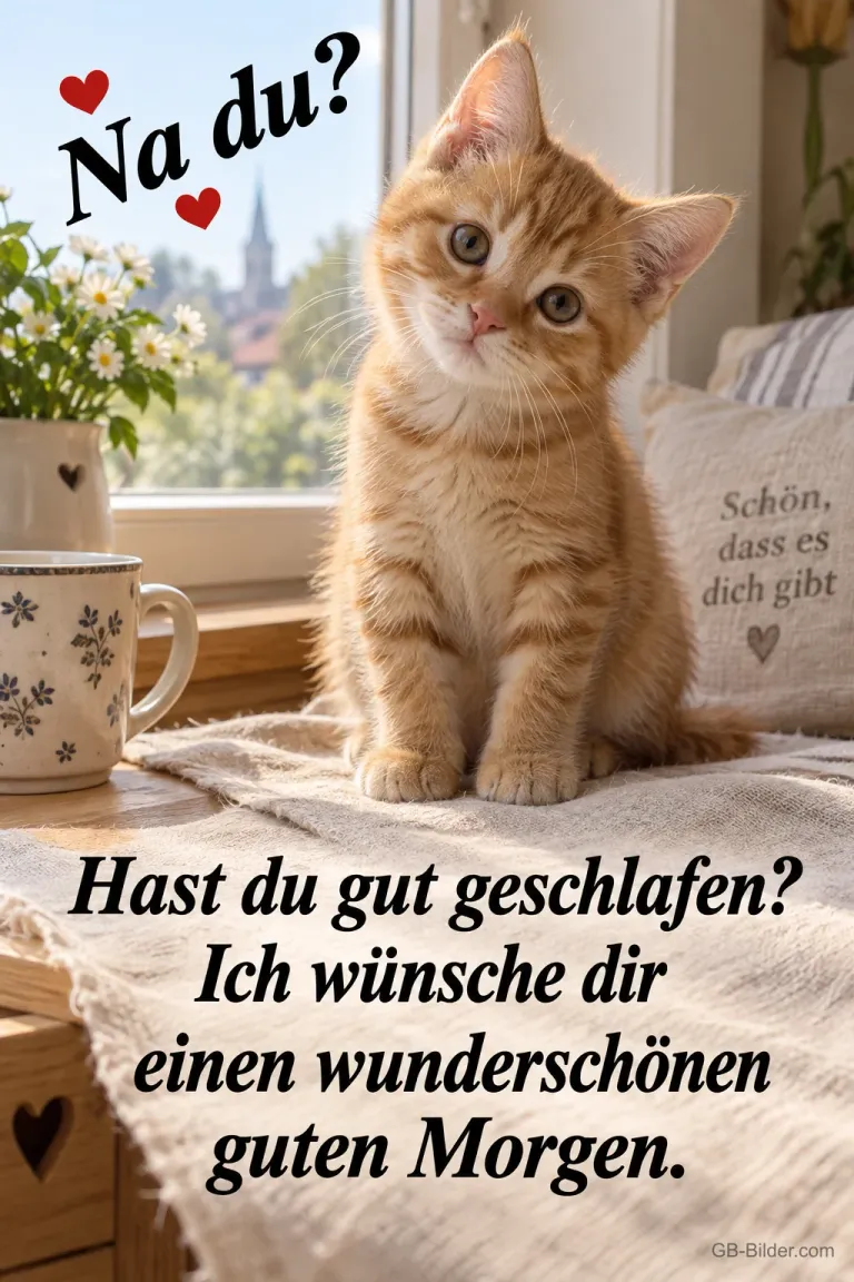 Rotes Kätzchen sitzt auf einer Decke am Fenster, Text: Na du? Hast du gut geschlafen? Ich wünsche dir einen wunderschönen guten Morgen.