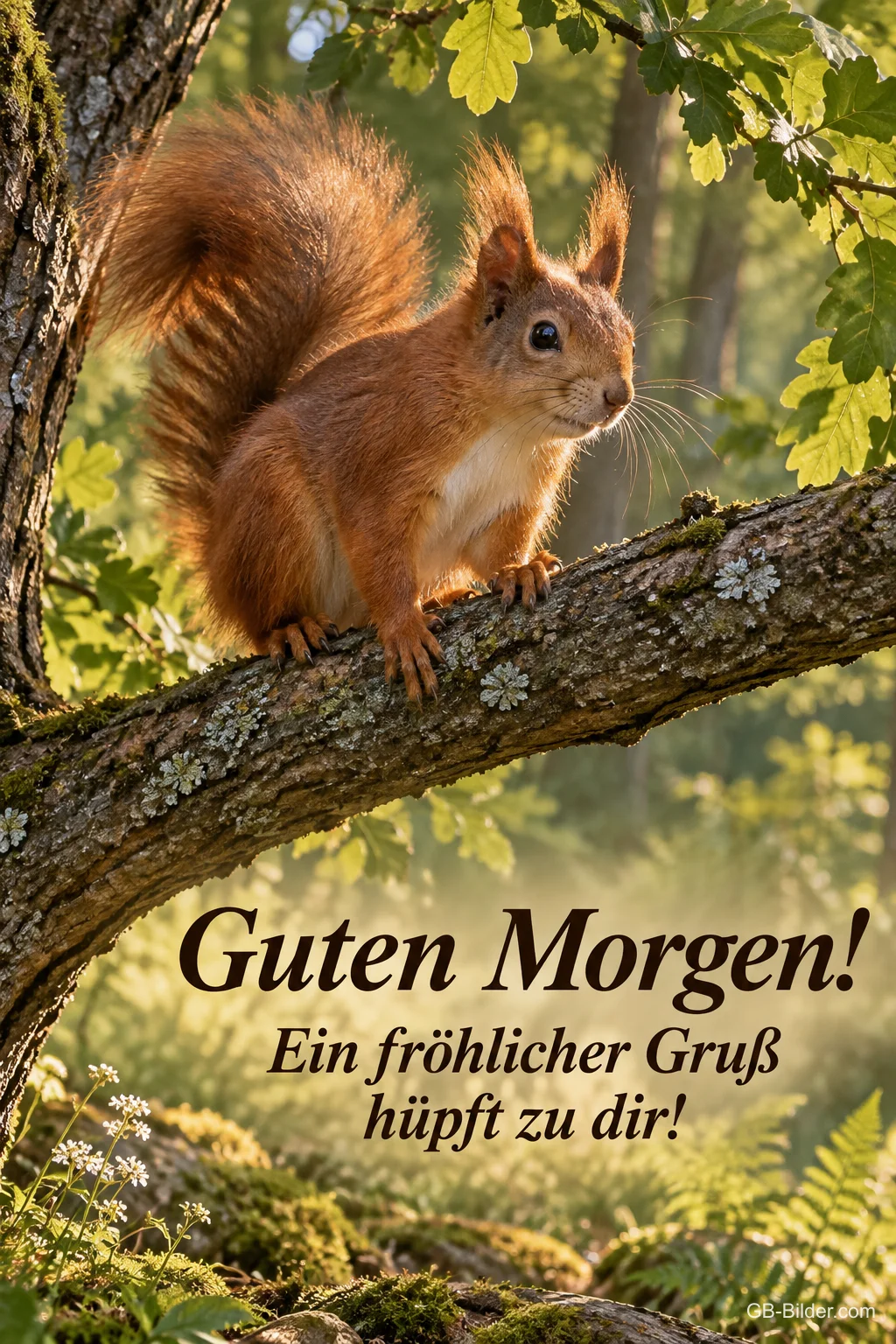 Eichhörnchen auf dem Ast, Text: Guten Morgen Eichhörnchen auf dem Ast, Text: Guten Morgen