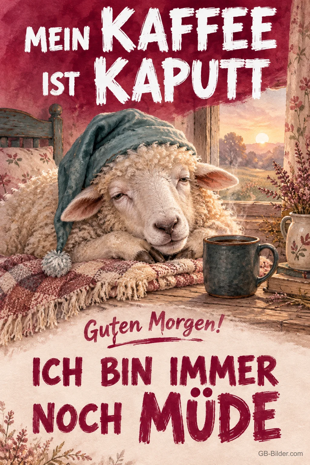 Schaf mit Schlafmütze liegt müde neben einer Kaffeetasse, Text: MEIN KAFFEE IST KAPUTT – Guten Morgen! ICH BIN IMMER NOCH MÜDE Schaf mit Schlafmütze liegt müde neben einer Kaffeetasse, Text: MEIN KAFFEE IST KAPUTT – Guten Morgen! ICH BIN IMMER NOCH MÜDE