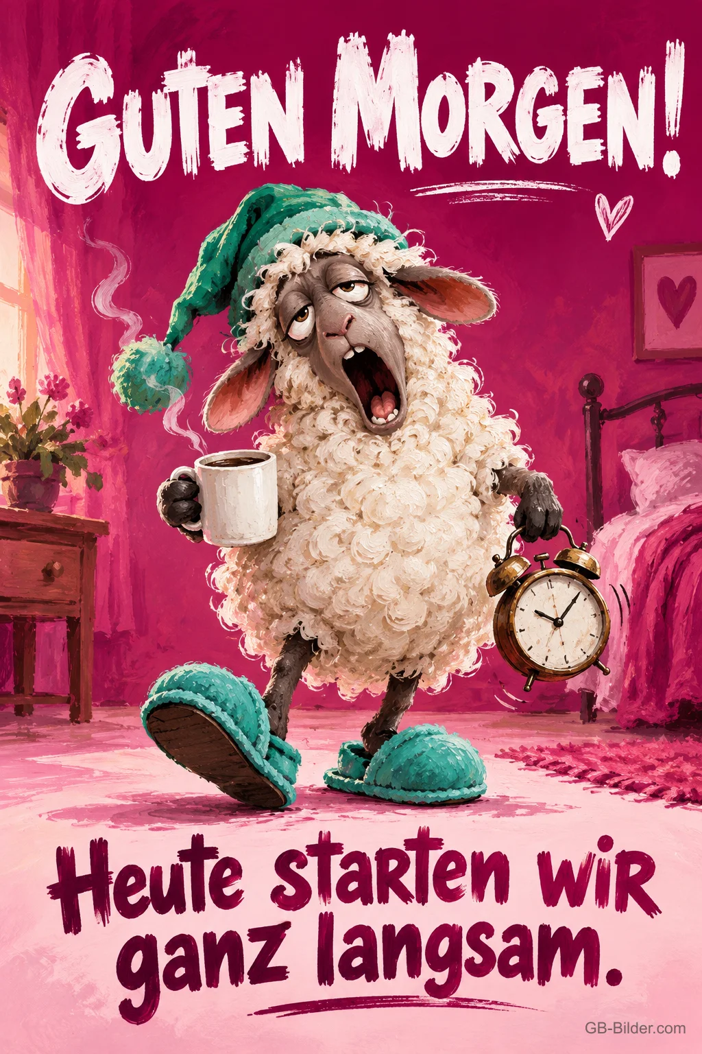 Verschlafenes Schaf mit Zipfelmütze, Kaffeetasse und Wecker im Schlafzimmer, Text: Guten Morgen! Heute starten wir ganz langsam. Verschlafenes Schaf mit Zipfelmütze, Kaffeetasse und Wecker im Schlafzimmer, Text: Guten Morgen! Heute starten wir ganz langsam.