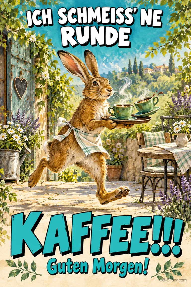 Hase rennt mit einem Tablett voller Kaffeetassen durch den Garten, Text: ICH SCHMEISS’ NE RUNDE KAFFEE!!! Guten Morgen!