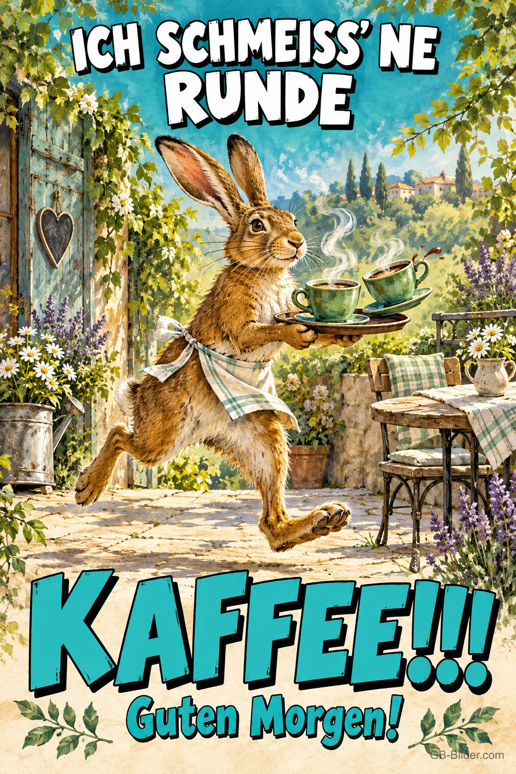 Hase rennt mit einem Tablett voller Kaffeetassen durch den Garten, Text: ICH SCHMEISS’ NE RUNDE KAFFEE!!! Guten Morgen! Hase rennt mit einem Tablett voller Kaffeetassen durch den Garten, Text: ICH SCHMEISS’ NE RUNDE KAFFEE!!! Guten Morgen!
