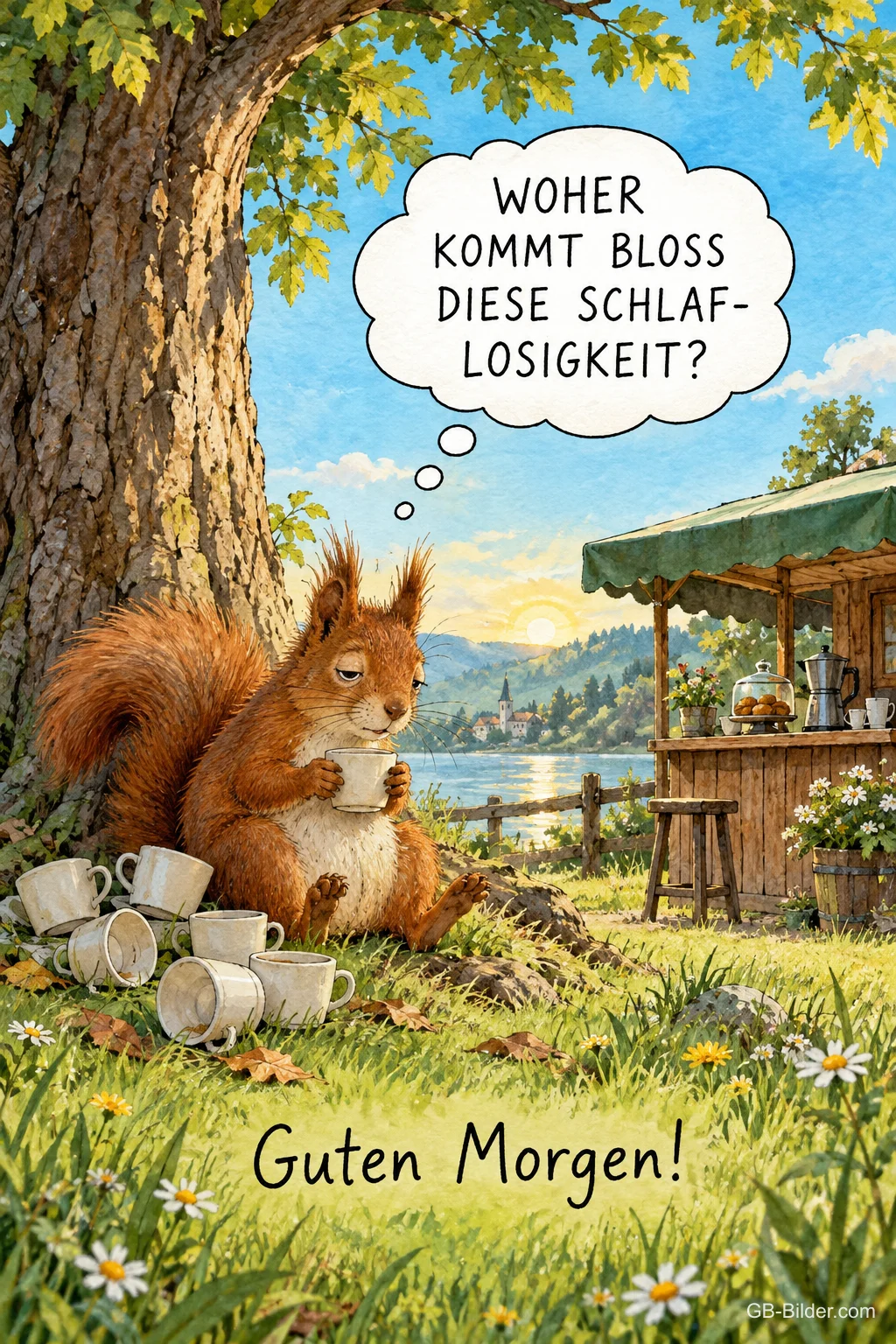 Eichhörnchen sitzt zwischen leeren Kaffeebechern unter einem Baum, Text: WOHER KOMMT BLOSS DIESE SCHLAFLOSIGKEIT? Guten Morgen! Eichhörnchen sitzt zwischen leeren Kaffeebechern unter einem Baum, Text: WOHER KOMMT BLOSS DIESE SCHLAFLOSIGKEIT? Guten Morgen!