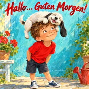 Junge im roten Shirt trägt lachend einen Welpen auf dem Kopf, Text: Hallo… Guten Morgen!