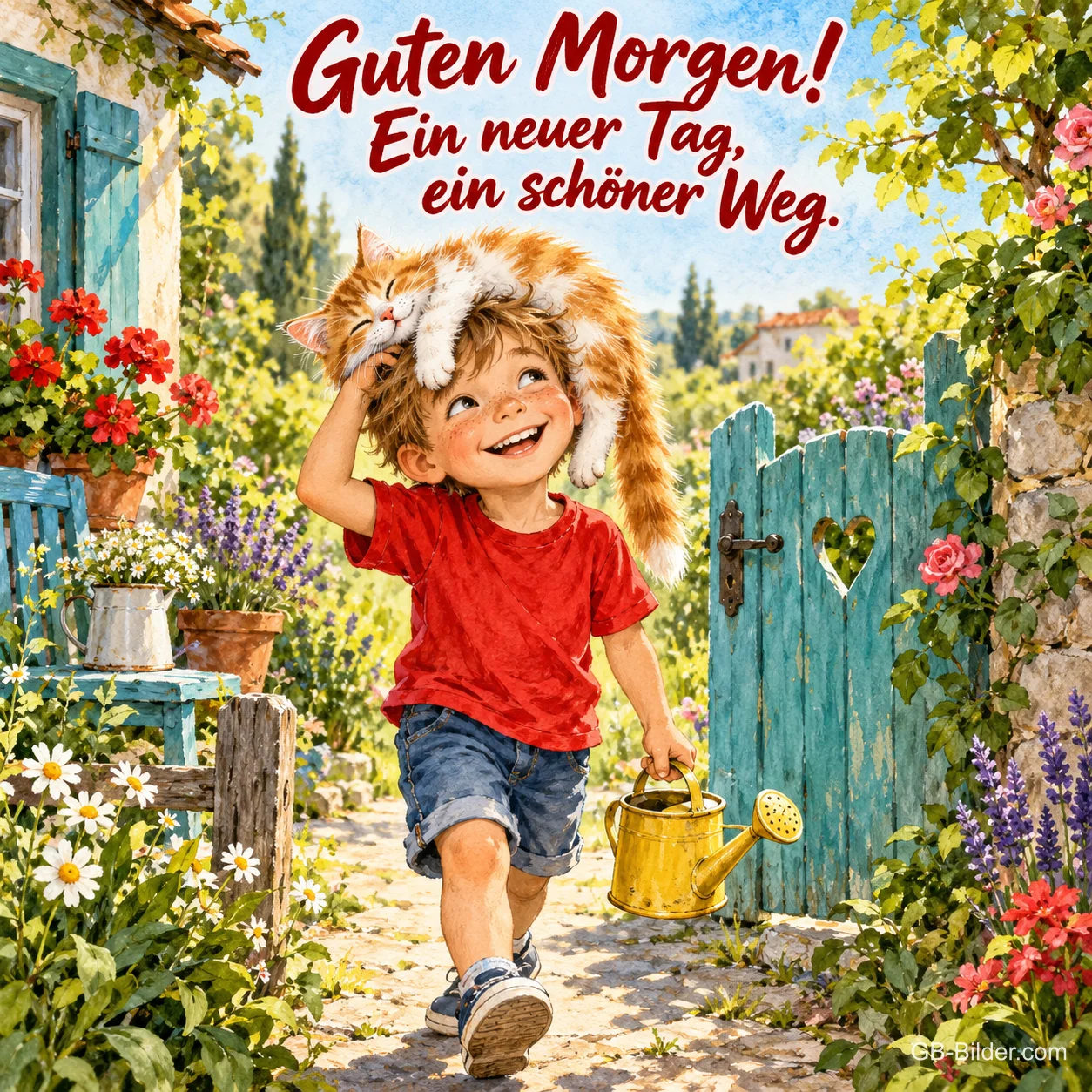 Junge mit Gießkanne trägt eine rote Katze auf dem Kopf durchs Gartentor, Text: Guten Morgen! Ein neuer Tag, ein schöner Weg. Junge mit Gießkanne trägt eine rote Katze auf dem Kopf durchs Gartentor, Text: Guten Morgen! Ein neuer Tag, ein schöner Weg.