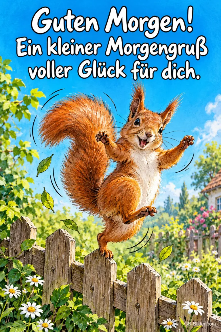 Eichhörnchen springt fröhlich über einen Gartenzaun, Text: Guten Morgen! Ein kleiner Morgengruß voller Glück für dich.