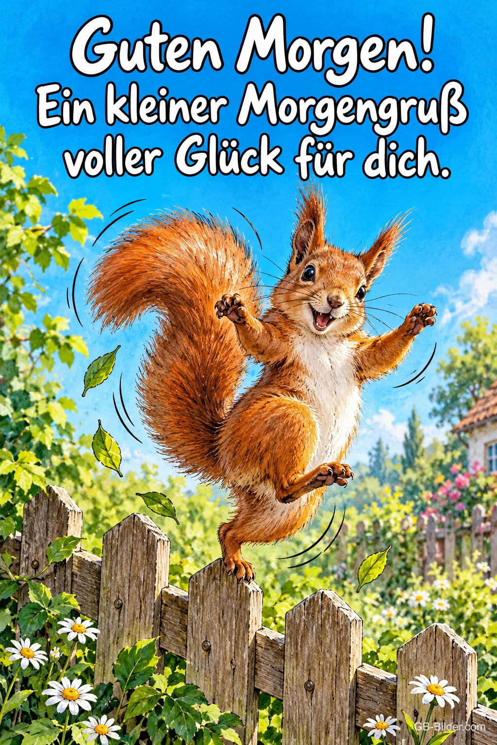 Eichhörnchen springt fröhlich über einen Gartenzaun, Text: Guten Morgen! Ein kleiner Morgengruß voller Glück für dich.