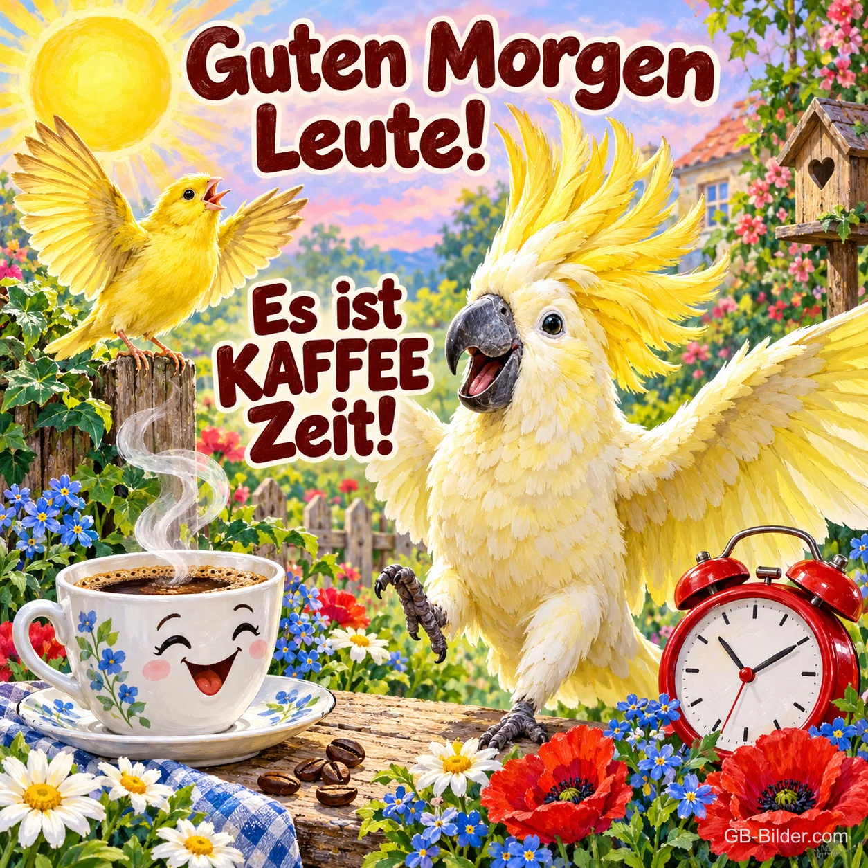 Kakadu und Kanarienvogel jubeln neben einer lachenden Kaffeetasse und Wecker, Text: Guten Morgen Leute! Es ist KAFFEE Zeit!