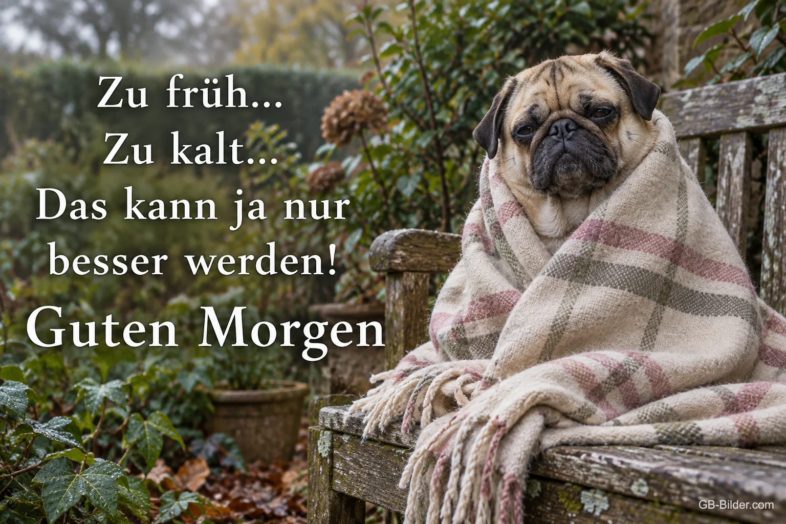 Mops in eine karierte Decke gewickelt auf einer Gartenbank, Text: Zu früh… Zu kalt… Das kann ja nur besser werden! Guten Morgen