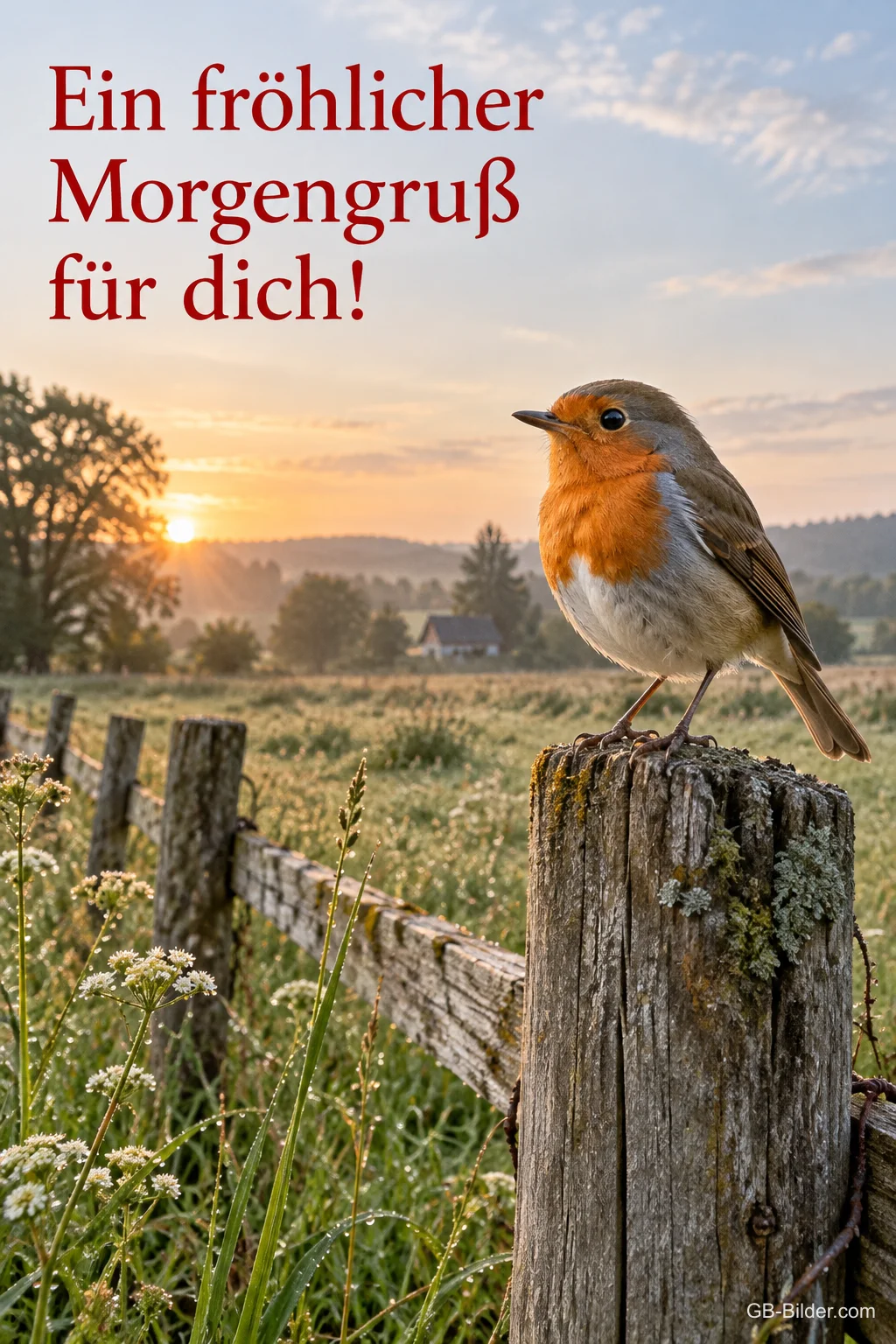 Rotkehlchen im Sonnenaufgang, Text: Ein fröhlicher Morgengruß für dich