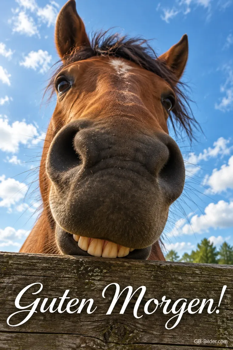 Pferd grinst über einen Holzzaun vor blauem Himmel, Text: Guten Morgen!