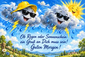 Zwei lachende Wolken mit Sonnenbrillen, Regen, Blitze und Sonne über einer Wiese, Text: Ob Regen oder Sonnenschein ein Gruß an Dich muss sein! Guten Morgen!