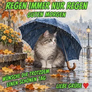 Katze sitzt unter einem Regenschirm im herbstlichen Regen, Text: REGEN IMMER NUR REGEN – GUTEN MORGEN – WÜNSCHE DIR TROTZDEM EINEN SCHÖNEN TAG – LIEBE GRÜSSE