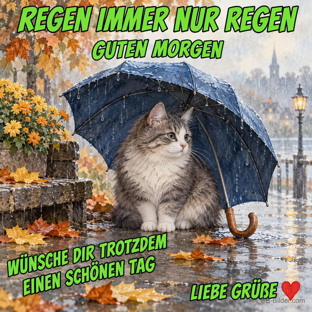 Katze sitzt unter einem Regenschirm im herbstlichen Regen, Text: REGEN IMMER NUR REGEN – GUTEN MORGEN – WÜNSCHE DIR TROTZDEM EINEN SCHÖNEN TAG – LIEBE GRÜSSE