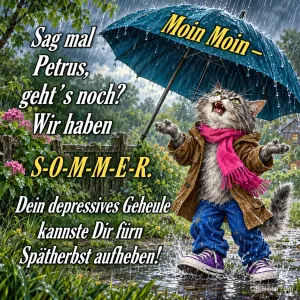 Katze in Jacke und Turnschuhen hält einen Regenschirm im Regen, Text: Moin Moin – Sag mal Petrus, geht’s noch? Wir haben S-O-M-M-E-R. Dein depressives Geheule kannste Dir fürn Spätherbst aufheben!