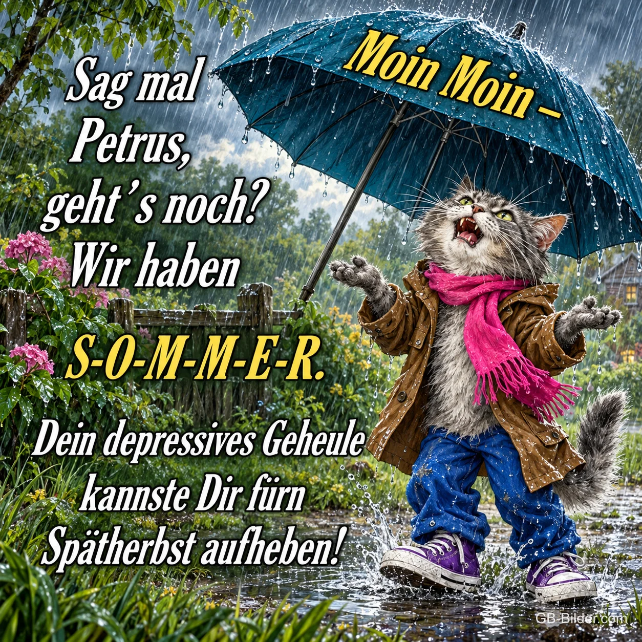 Katze in Jacke und Turnschuhen hält einen Regenschirm im Regen, Text: Moin Moin – Sag mal Petrus, geht’s noch? Wir haben S-O-M-M-E-R. Dein depressives Geheule kannste Dir fürn Spätherbst aufheben!