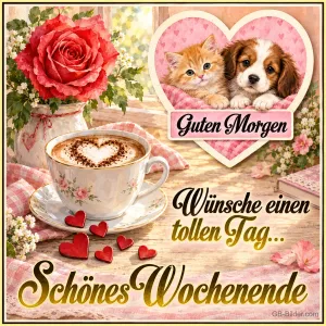 Kätzchen und Welpe in einem Herzrahmen neben Cappuccino und Rose, Text: Guten Morgen – Wünsche einen tollen Tag… Schönes Wochenende