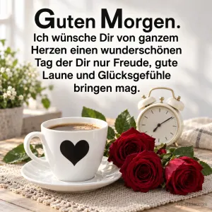 Weiße Tasse mit schwarzem Herz neben roten Rosen und Wecker, Text: Guten Morgen. Ich wünsche Dir von ganzem Herzen einen wunderschönen Tag der Dir nur Freude, gute Laune und Glücksgefühle bringen mag.