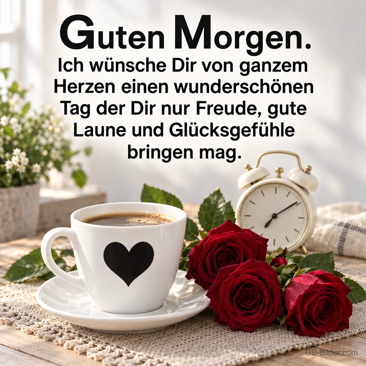 Weiße Tasse mit schwarzem Herz neben roten Rosen und Wecker, Text: Guten Morgen. Ich wünsche Dir von ganzem Herzen einen wunderschönen Tag der Dir nur Freude, gute Laune und Glücksgefühle bringen mag.