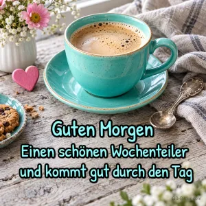 Türkise Kaffeetasse mit Löffel und Keksen, Text: Guten Morgen – Einen schönen Wochenteiler und kommt gut durch den Tag
