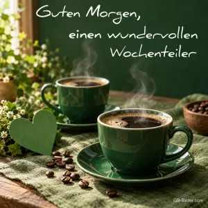 Zwei grüne Kaffeetassen mit Herz und Kaffeebohnen, Text: Guten Morgen, einen wundervollen Wochenteiler