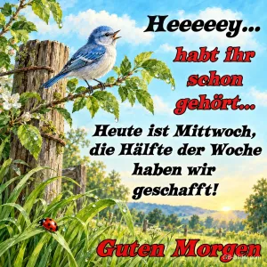 Blauer Vogel singt auf einem Zaunpfahl, daneben ein Marienkäfer, Text: Heeeeey… habt ihr schon gehört… Heute ist Mittwoch, die Hälfte der Woche haben wir geschafft! Guten Morgen