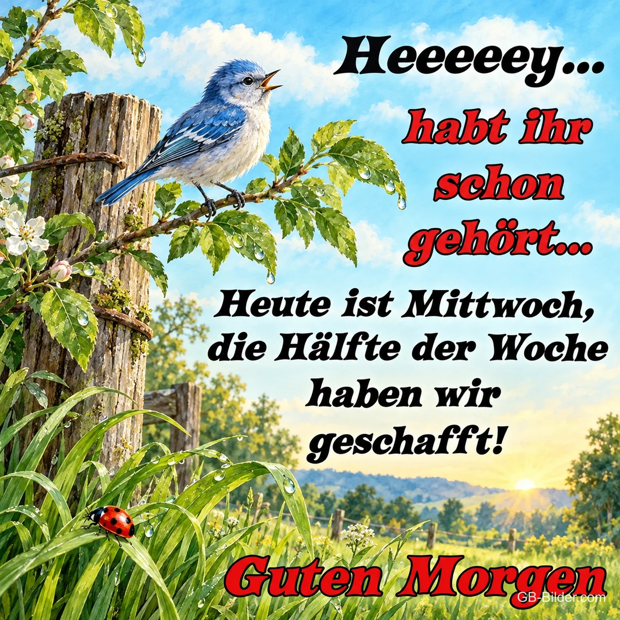 Blauer Vogel singt auf einem Zaunpfahl, daneben ein Marienkäfer, Text: Heeeeey… habt ihr schon gehört… Heute ist Mittwoch, die Hälfte der Woche haben wir geschafft! Guten Morgen