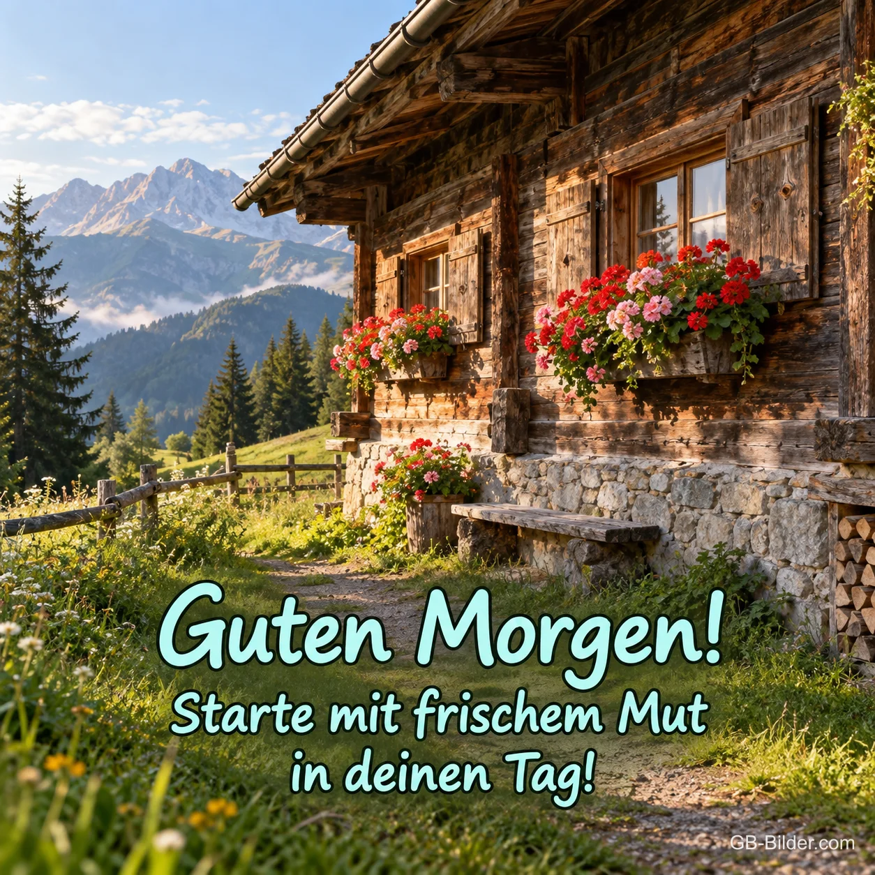 Berghütte in den Alpen, Text: Guten Morgen