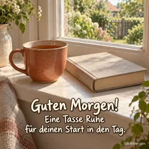 Tasse und Buch am Fenster, Text: Guten Morgen