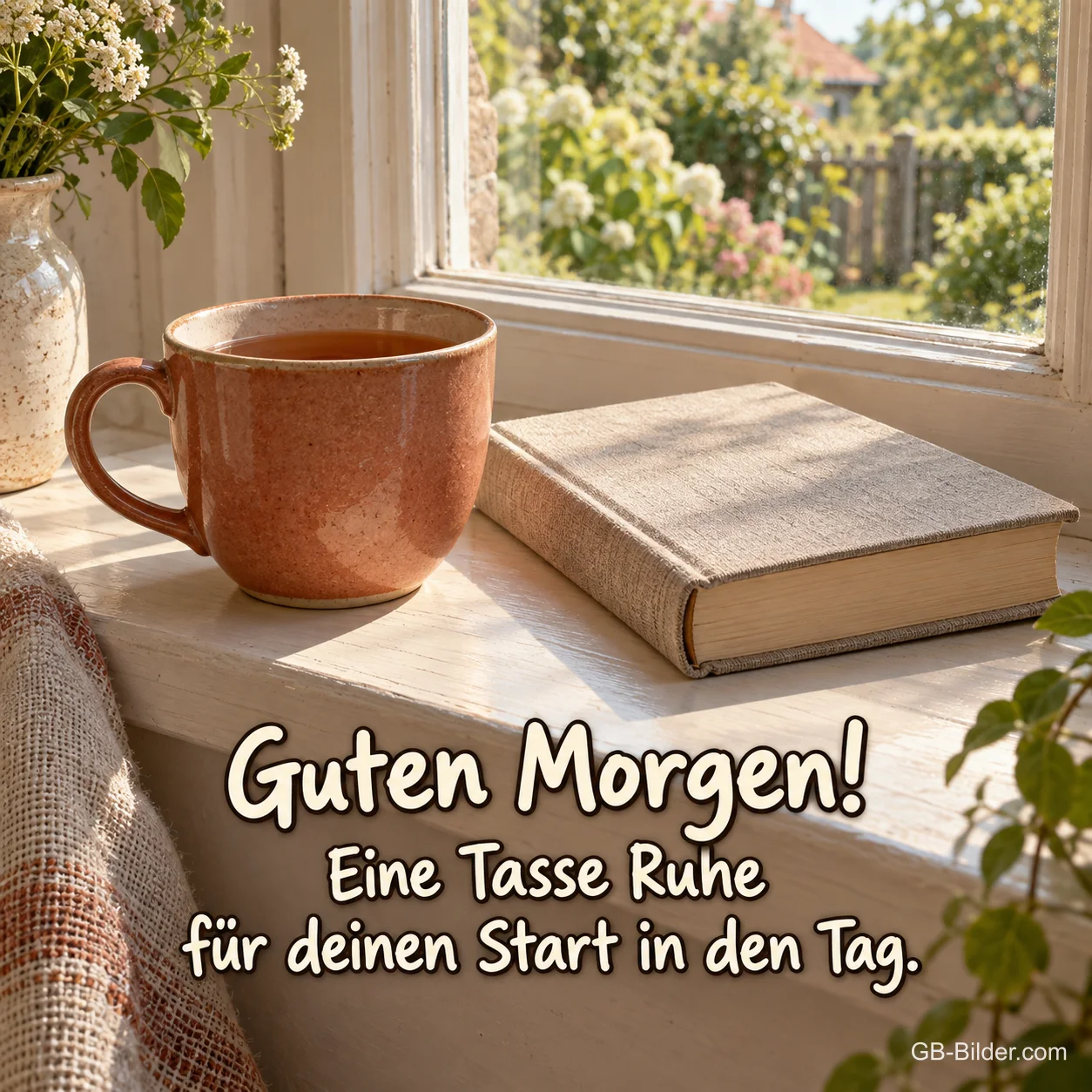 Tasse und Buch am Fenster, Text: Guten Morgen