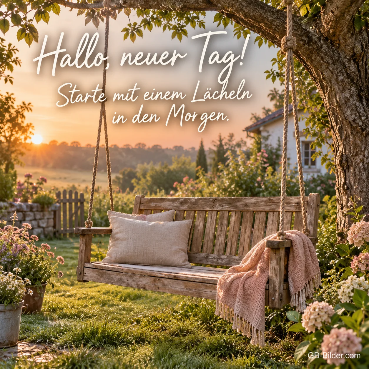Gartenschaukel im Sonnenaufgang, Text: Hallo, neuer Tag