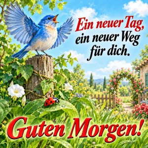 Blauer Vogel singt auf einem Pfosten über einem Blumengarten, Marienkäfer, Text: Guten Morgen! Ein neuer Tag, ein neuer Weg für dich.