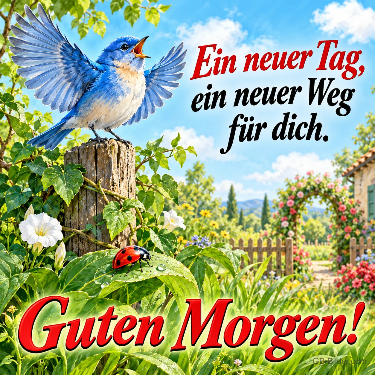 Blauer Vogel singt auf einem Pfosten über einem Blumengarten, Marienkäfer, Text: Guten Morgen! Ein neuer Tag, ein neuer Weg für dich.