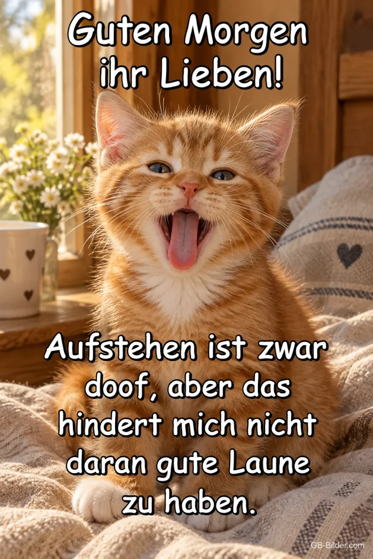 Rotes Kätzchen streckt die Zunge raus auf einer Decke, Text: Guten Morgen ihr Lieben! Aufstehen ist zwar doof, aber das hindert mich nicht daran gute Laune zu haben.